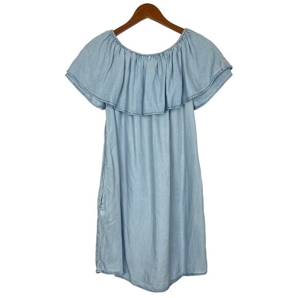 Sanctuary | Stella Flounce Blue Chambray Off the Shoulder Mini Dress - Picture 3 of 11